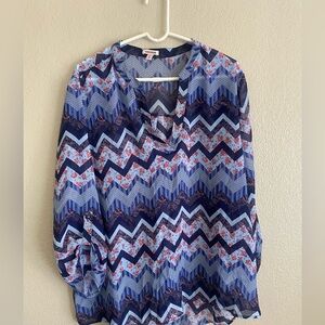 Blue Graphic 3/4 Sleeve Blouse with Mandarin Collar